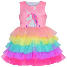 Details About Us Stock Girls Dress Pink Unicorn Ruffle Rainbow Cake Skirt Size 3 8