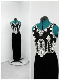 Vintage 80s Scott Mcclintock Black And White Velvet Dress Maxi Dress Embroidered Formal Dress V Neck Evening Gown Front Slit Dress
