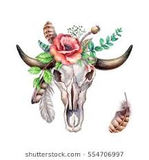 Watercolor Illustration Rustic Cow Skull Flowers And Feathers Floral Clip Art Bouquet Boho Design El Cow Skull Tattoos Flower Skull Skull And Rose Drawing