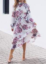 Lilac Floral Print High Frill Neckline Pleated Dress Rosyfairy Pleated Dress Short Sleeve Floral Dress Dresses