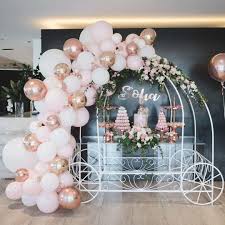Loving The Rose Gold White And Pink Theme For Sofia S Christening Featuring Our Large Rose Gold Wall Rose Gold Party Rose Gold Party Decor Rose Gold Balloons