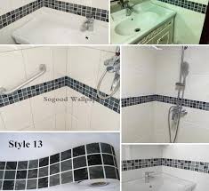 Decorative border tile surrounds a mirror, hanging over a white sink in glamour style. Bathroom Kitchen Wall Waterproof Wallpaper Roll Sticker 3d Mosaic Sticker Borders Tile Stickers Fashion Home Decor Sticker Waterproof Wallpaper Rolls Wallpaper Rollwaterproof Wallpaper Aliexpress