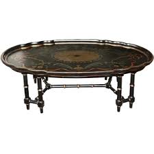 48 shiny black lacquer oriental coffee table, inlaid pearl with six stools and glass top. Lot Art Vintage Style Pie Crust Tray Coffee Table