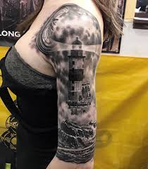 Black And White Ocean Sleeve Tattoo Designs Lighthouse Half Sleeve In Black Grey Best Tattoo Design Ideas Lighthouse Tattoo Half Sleeve Tattoo Ocean Sleeve Tattoos