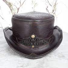 Leather Top Hat Short Top Hat Leather Hat Adjustable Etsy In 2021 Leather Top Hat Brown Leather Hat Leather Hats