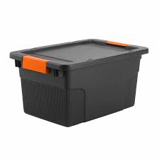 Tough storage bin in black. Jobmate Heavy Duty Storage Bin Plastic Storage Mitre 10