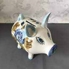 Blue and white floral pattern ceramic pig with stamp on bottom. Vintage Piggy Bank Italian Pottery Pig Bank Coin Bank Floral Design Ceramic Bank Home Decor Blue Rose Made In Italy Mid Century Italian Pottery Piggy Bank Pig Bank