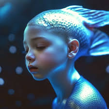 Sad fish moon silver-blue fish with a girl's face, bald head, iridescent …"  — image created in Shedevrum