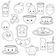 Nourriture Et Boissons De Petit Dejeuner Jeu D Icones Vectorielles Mignon Personnages De Dessins Animes Mignons Conception Pour Livre De Coloriage Clip Art Libres De Droits Vecteurs Et Illustration Image 79868265