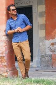 Men S Light Blue Chambray Long Sleeve Shirt Khaki Chinos Brown Leather Derby Shoes Mens Outfits Well Dressed Men Casual