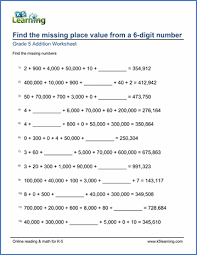 Click the button below to get instant access to these worksheets for use in the classroom or at a home. Grade 5 Math Worksheets Fill In The Missing Place Values 6 Digits K5 Learning