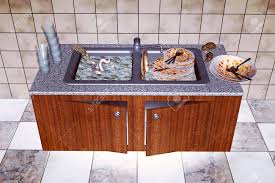 dirty kitchen sink from the top with
