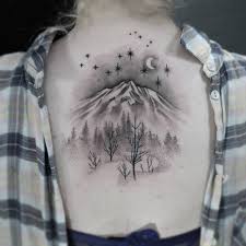 See more ideas about landscape tattoo, tattoos, nature tattoos. Black And Grey Landscape Mountains With Trees Night View Tattoo On Chest Tattoo On Chest Trendy Tattoos Tattoos