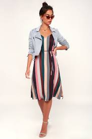 Cute Striped Slip Dress Midi Dress Mauve Multi Stripe Dress