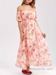 2020 Yazlik Cicekli Sifon Elbise Modelleri Pembe Uzun Straplez Dusuk Kol Cicekli The Dress Sifon Elbise Elbise Modelleri