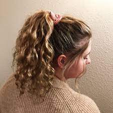 High Curly Pony Tail With Scrunchie Hairstyle Scrunchie Hairstyles Ponytail Hairstyles Hair Styles