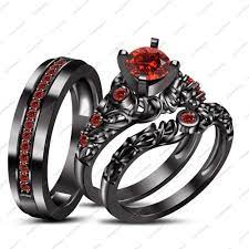Free Gift Red Garnet Black Gold Fn New Design His Her Wedding Bridal Ring Set Description After Wedding Ring Trio Sets Black Gold Jewelry Wide Silver Ring