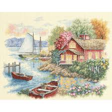 Counted cross stitch holiday collection ornament. Dimensions Counted Cross Stitch Kit 14x11 Peaceful Lake House 14 Count 5465451 Hsn In 2021 Cross Stitch House Dimensions Cross Stitch Cross Stitch Landscape