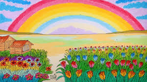  Menggambar Pelangi Di Tengah Kebun Bunga Dan Tulip Dengan Crayon Oil Pastel Pastel Kebun Bunga Cara Menggambar