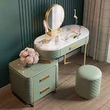 Green Makeup Vanity Set Expandable Dressing Table With Cabinet Mirror Stool Included In 2021 Makeup Vanity Set Mirror Stool Vanity Set