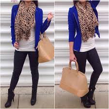 Black And Blue Outfits Black Heeled Ankle Boots Black Leggings Skinnies White Loose Tank Cobalt Blue Blazer Leopard Print Large W Fashion How To Wear Leggings Royal Blue Outfits