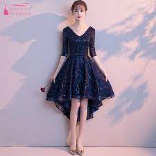 A navy lace dress worn with heels is perfect to wear to any networking event or party. Half Sleeve Lace Bridesmaid Dresses Navy Blue Short Front Long Back High Low Elegant Wedding Guest Dress Party Gown Jq143 Bridesmaid Dresses Aliexpress