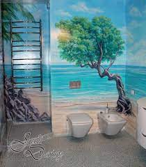 You does not have to put wall murals on all the walls. Bathroom Custom Painted Wall Mural Hand Painted Wall Mural Idea Rospis Sten Idei Stena
