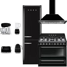 Smeg Smg7pcfsbfdfwmbkkit1 7 Piece Black Kitchen Package With Fab32rnen1 24 Bottom Freezer Refrigerator Tru90bl 36 Dual Fu Smeg Bottom Freezer Black Kitchens