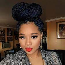 Large Bun With Blue Braids Bun Hairstyles Braided Hairstyles Box Braids Hairstyles