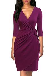Berydress Women S Classic 3 4 Sleeve V Neck Night Out Casual Party Work Knee Length Faux Wrap Dress Xl 6083 Purple Black Wrap Dress Wrap Dress Outfit Fashion