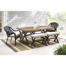 Hampton Bay Mix And Match 72 In Rectangular Metal Outdoor Dining Table With Farmhouse Trestle Base And Tile Tabletop 3038 Dt7 The Home Depot In 2020 Patio Dining Table Outdoor Dining Table