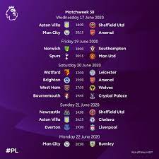 View the 380 premier league fixtures for the 2021/22 season, visit the official website of the premier league. Premier League On Twitter The Pl Will Restart Behind Closed Doors On 17 June If All Safety Requirements Are In Place The Premier League Today Confirmed The Fixtures For The First Three