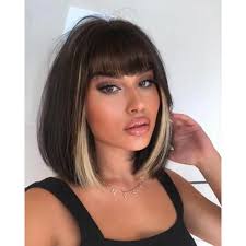 Lady Miranda Short Bob Wigs for Women Blonde Peekaboo Wig with Bangs 12  Inch Synthetic Straight Hair Bob Wig Black with blonde Highlights Bob Wigs  for