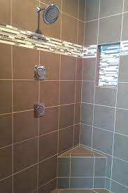 Contemporary Taupe Tile Shower With Horizontal Mosaic Accent Tile Shower Accent Tile Large Shower Tile Shower Tile