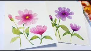 Shaping the first watercolor flower. Watercolor Painting Flowers Cosmos Easy For Beginners Real Time Tutori Floral Painting Flower Painting Watercolor Art Lessons