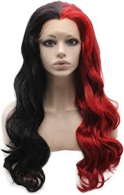 MX angel Long Wavy Half Black Red Two Tone Synthetic Lace Front Party Wig