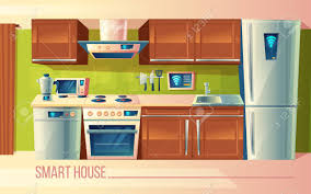 Ensemble De Dessin Anime De Vecteur De Maison Intelligente Controle Sans Fil Du Comptoir De La Cuisine Avec Des Appareils Machine A Laver Grille Pain Refrigerateur Micro Ondes Bouilloire Mixeur Cuisiniere Gestion Par