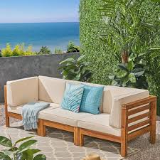 Noble House Jonah Teak Brown 3 Piece Wood Outdoor Sofa With Beige Cushions 54994 The Home Depot Apartment Patio Decor Patio Decor Wood Patio