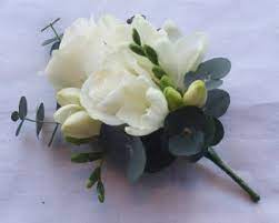 White Rose Freesia And Eucalyptus Corsage Flower Bouquet Wedding Freesia Wedding Bouquet Prom Flowers Corsage