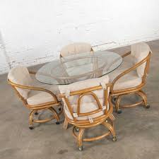 Modern round kitchen table and 4 chairs set. Vintage Rattan Game Table Set Round Glass Top Table And 4 Swivel Rolling Chairs At 1stdibs