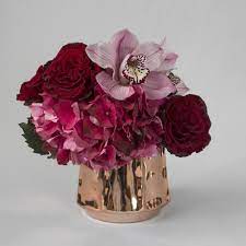 Rose gold flowers in vase. Rose Gold Series Red Roses With Pink Orchids And Hyrdrangea