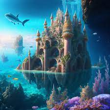 無料イラスト＆背景画像素材！かっこいい海の中の西洋のお城とかわいいカラフルな珊瑚礁と青い空のファンタジーアート | 「Free!  Illustlation &くりえいてぃぶ」