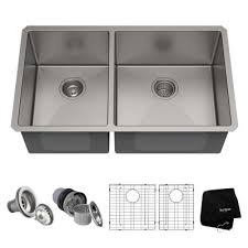 Kraus Standart Pro 33in 16 Gauge Undermount 60 40 Double Bowl Stainless Steel Kitchen Sink Silver Sink Double Bowl Kitchen Sink Farmhouse Sink Kitchen