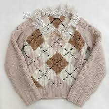 SOLD ♡ Fluffy lace knit argyle sweater ౨ৎ sourced from japan