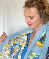 See Log Cabin Creations displayed at Cravings in Sharon I made this jacket  from three pairs of men's jeans and lined it with white satin