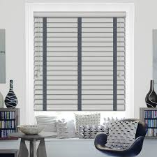 Faux wood blinds are made from durable polymer materials with uva inhibitors that prevent cracking, chipping, peeling and yellowing over time. 50mm Mara Light Grey Faux Wood Blinds With Contrasting Slate Tapes