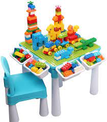 The table has four storage bins. Amazon Com Kids 5 In 1 Multi Activity Table Set 128 Pieces Large Building Blocks Compatible Bricks Toy Play Table Includes 1 Chair And Building Block Table With Storage Green Baseplate Board Blue Color Furniture