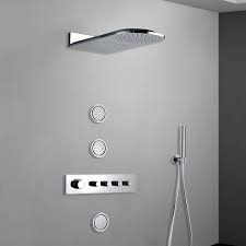 Moen thermostatic shower system with rain shower, 3 volume controls, 4 body sprays, and hand shower with slide bar (valves included) model: Best Shower Sets On Sale Now Large Selections Fontana Luna Thermostatic System With Body Jet Shower Set At Fontanashowers Com Best Luna Set