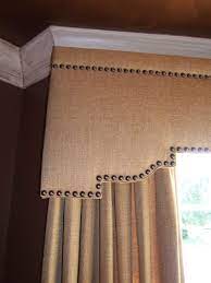 What kind of shade for a custom cornice? Shaped Cornice With Nailhead Details Www Drapery Design Com Window Cornices Drapery Designs Diy Window Treatments