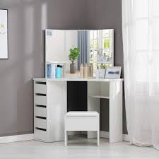 Introduce style with dressing tables that lend a luxurious touch to your morning routine. Ofcasa White Corner Curved Dressing Table With Mirror And Stool 3 Mirrors 5 Drawers Storage Shelves Makeup Vanity Table For Girls Bedroom 114 X 61 X 140cm Amazon Co Uk Home Kitchen